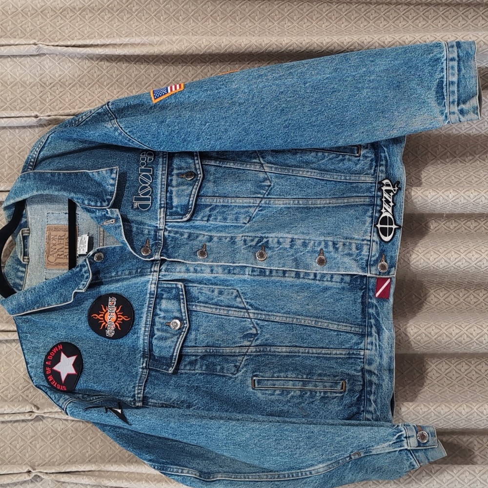 Vintage Large Canyon River Blues Jeans Jacket 80s Trucker Style W/ Rock Patches